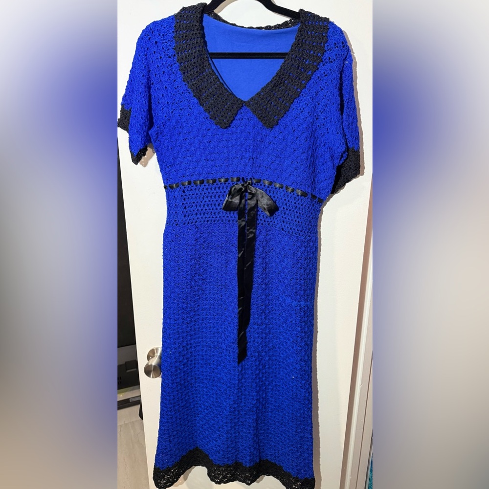 HAND KNITTED Elegant Blue and Black Women's Dress with Swarovski Crystals